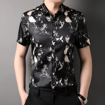 Летние шелковые рубашки с цветочным принтом для мужчин, гладкие атласные мужские повседневные платья, блузки большого размера, Рабочая офисная одежда.