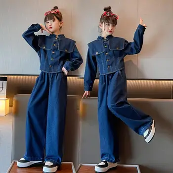 2023 Весенне-осенние джинсовые комплекты для девочек, однобортное пальто, широкие брюки, двойка, повседневная Корейская мода, от 4 до 12 лет