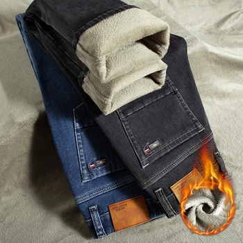 Большие размеры 44 46, зимние теплые фланелевые джинсы-стрейч, мужские брендовые флисовые брюки, мужские прямые плотные брюки с флокированием, мужские